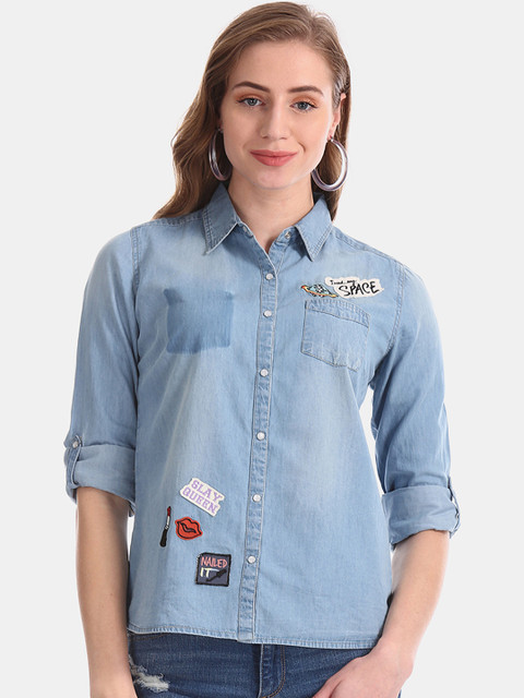 

Flying Machine Women Blue Solid Casual Denim Shirt with Applique Detail