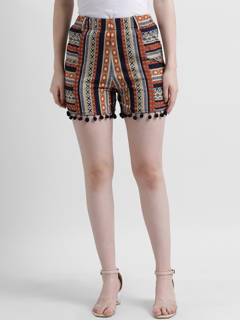 

Zink London Women Navy Blue & Orange Printed Skinny Fit Regular Shorts