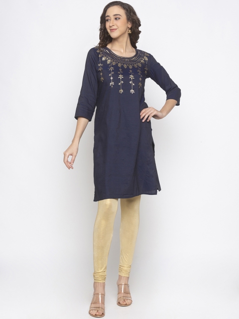 

Globus Women Navy Blue Yoke Design Straight Kurta