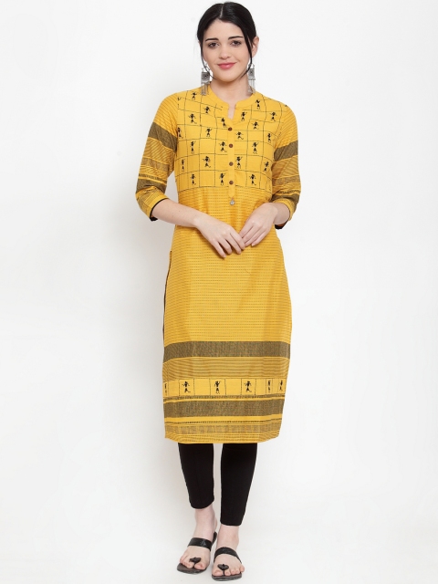

ANAISA Women Mustard Yellow & Black Embroidered Straight Kurta