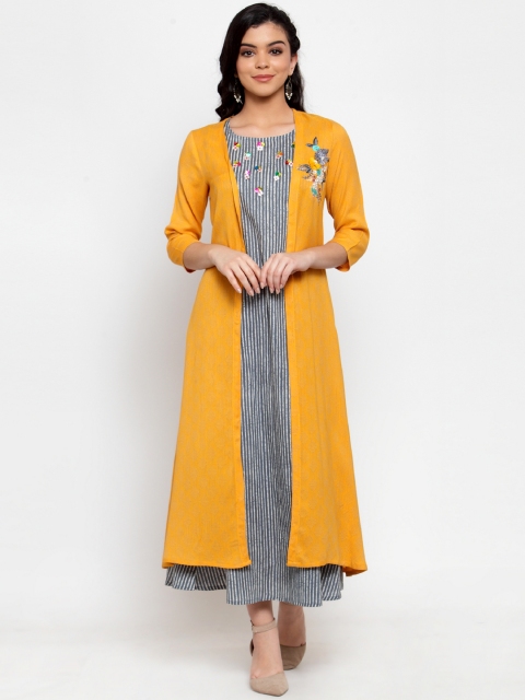 

ANAISA Women Mustard Yellow Embroidered A-Line Dress with Ethnic Jacket