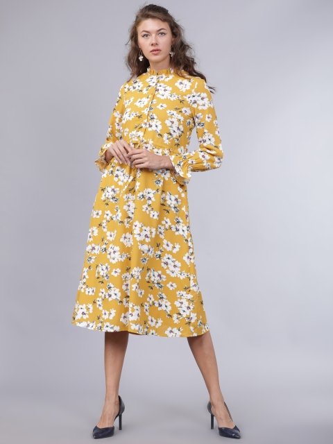 

Mumbai Slang Chic Women Mustard Yellow Floral Printed Fit and Flare Dress