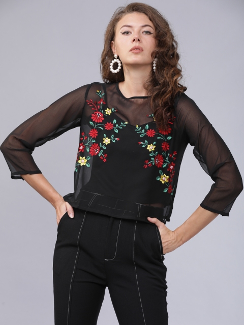 

Mumbai Slang Chic Women Black & Red Embroidered Sheer Top