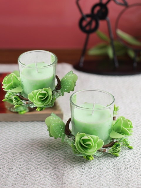 

Aapno Rajasthan Set Of 2 Solid Green Ornate Glass Candles