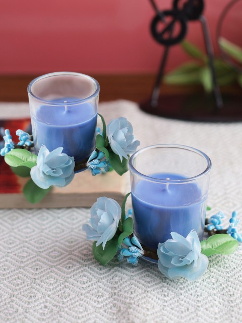 

Aapno Rajasthan Set Of 2 Blue Solid Colourful & Ornate Glass Candles