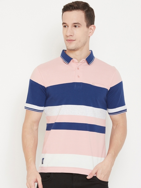 

Okane Men Pink & Blue Striped Polo Collar T-shirt