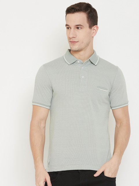 

Okane Men Green & White Self Design Polo Collar T-shirt