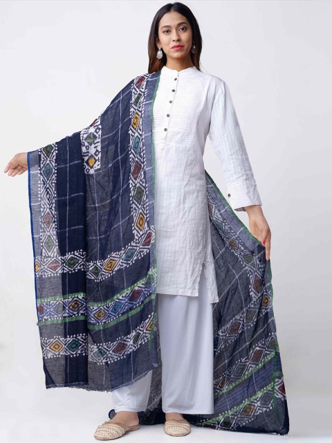 

Unnati Silks Navy Blue & Off-White Batik Printed Mulmul Cotton Sustainable Dupatta