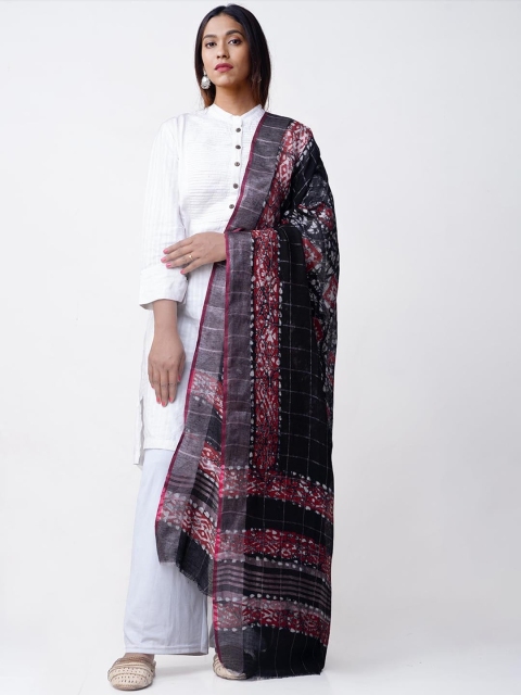 

Unnati Silks Black & Maroon Hand Batik Printed Linen Sustainable Dupatta