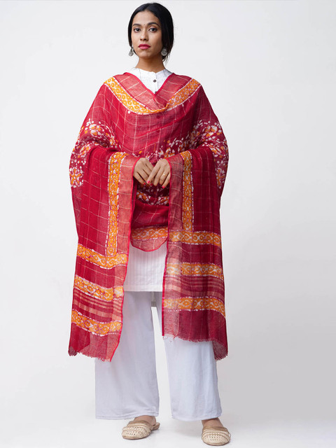 

Unnati Silks Red & Yellow Hand Batik Printed Linen Dupatta