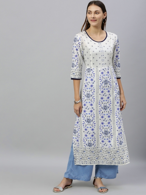 

ETIQUETTE Women White & Blue Printed Straight Kurta