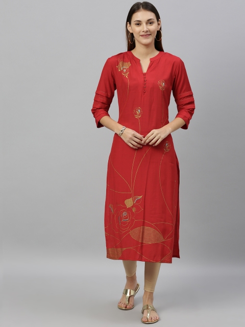 

ETIQUETTE Women Red & Gold-Toned Printed Straight Kurta