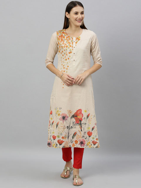 

ETIQUETTE Women Beige Printed Straight Kurta