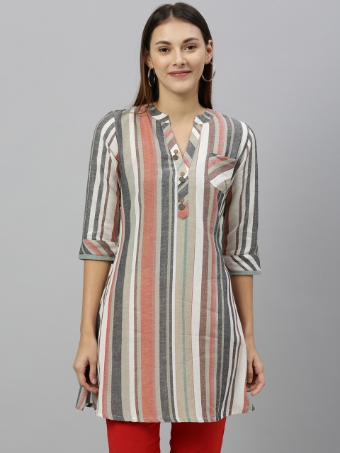 

ETIQUETTE Women Green & Pink Striped Pure Cotton Straight Kurti