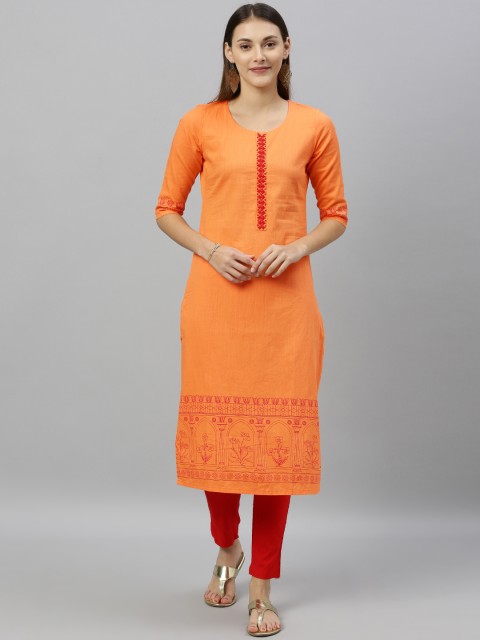 

ETIQUETTE Women Orange & Red Printed Straight Kurta