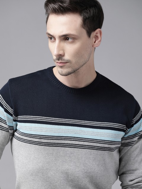 

Roadster Men Grey & Navy Blue Colourblocked Pullover Sweater