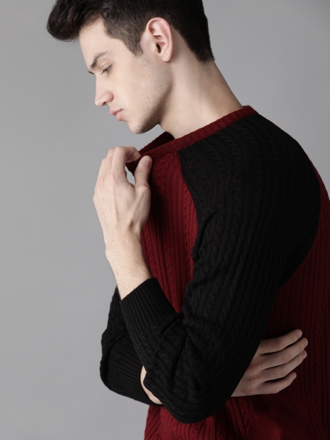 Men Maroon Self Design Pullover Sweater