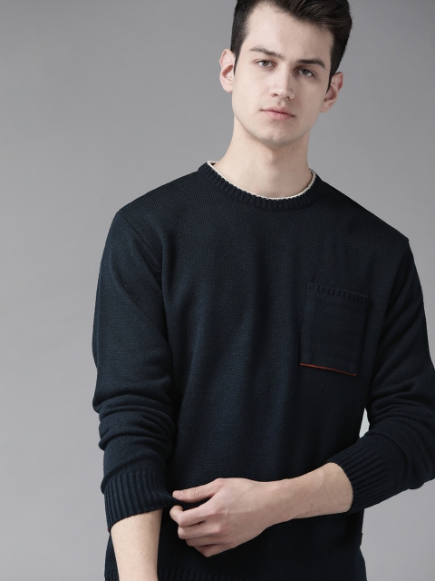 

Roadster Men Navy Blue Solid Acrylic Sweater