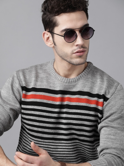 

Roadster Men Grey Melange & Black Striped Pullover Sweater