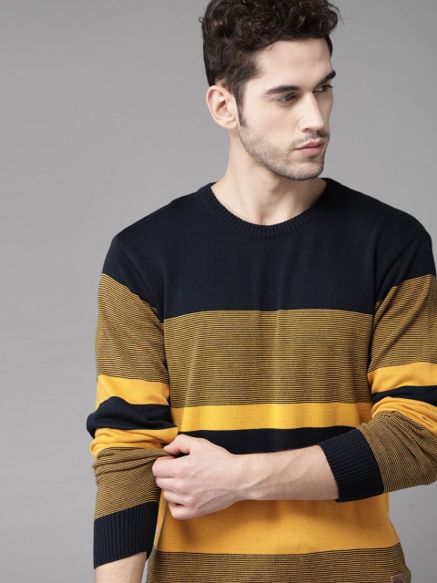 

Roadster Men Yellow & Navy Blue Striped Pullover