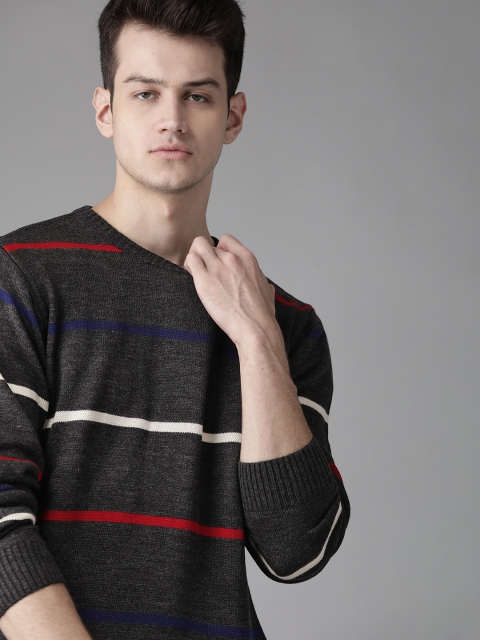 

Roadster Men Charcoal Grey & Red Striped Acrylic Sweater