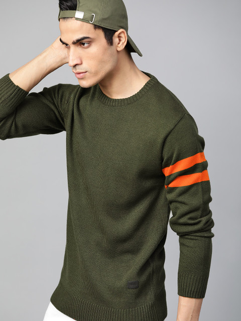 

Roadster Men Olive Green Solid Pullover Sweater
