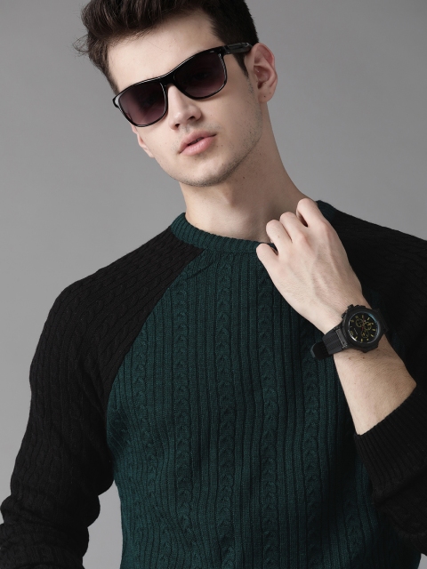 Men Teal Green & Black Self Design Pullover Sweater