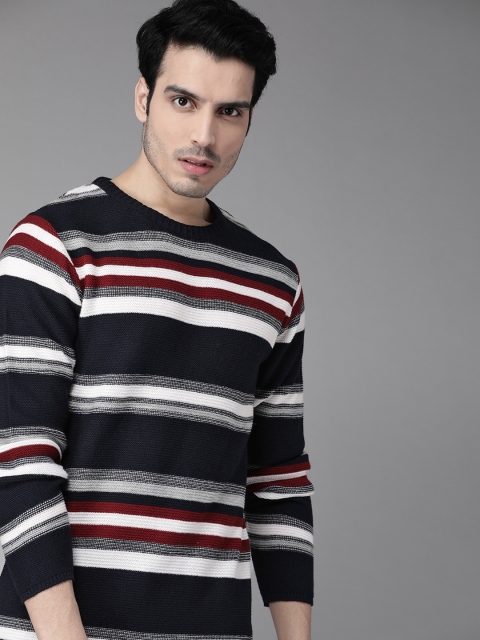 

Roadster Men Navy Blue & White Striped Antiviral & Antibacterial protection Acrylic Pullover