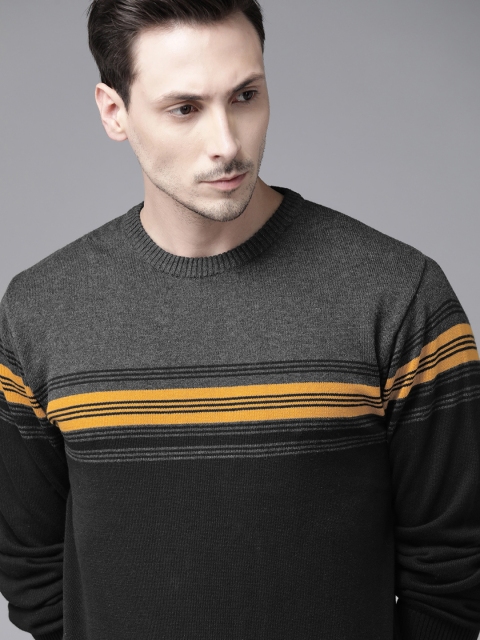 

Roadster Men Black & Charcoal Grey Pure Cotton Striped Pullover