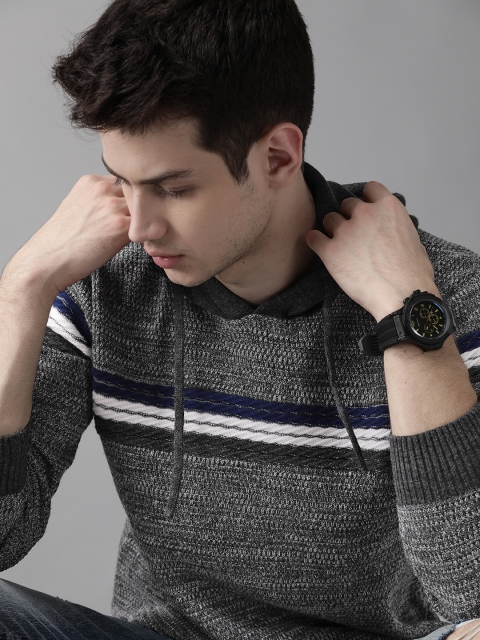 Men Grey Striped Hooded Pullover Sweater
