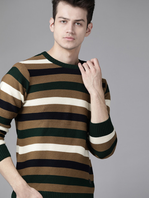 

Roadster Men Brown & Olive Green Striped Acrylic Pullover