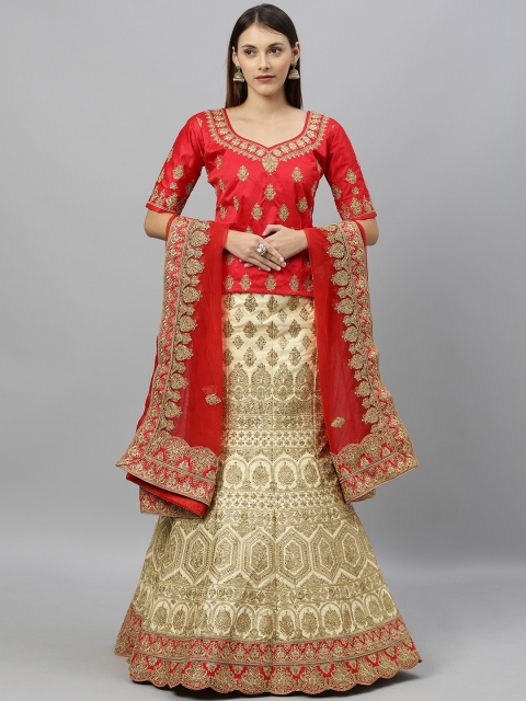 

SHAVYA Off-White & Red Embroidered Ready to Wear Lehenga & Unstitched Blouse with Dupatta