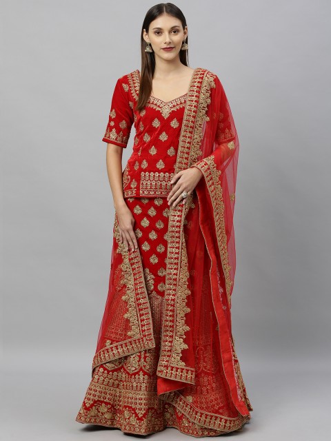 

SHAVYA Red & Gold-Toned Embellished Ready to Wear Lehenga & Unstitched Blouse with Dupatta