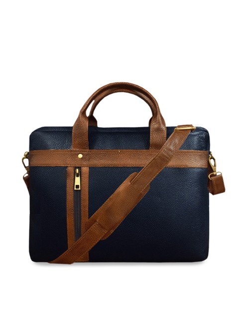 

ABYS Unisex Blue & Tan Colourblocked Genuine Leather Laptop Bag