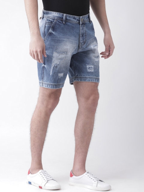 

FEVER Men Blue Washed Slim Fit Distressed Denim Shorts