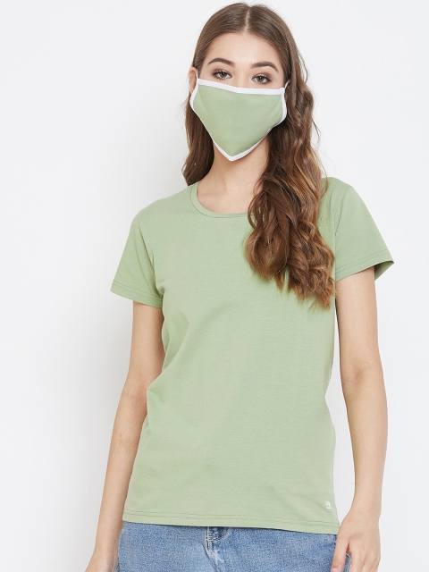 

Okane Women Olive Green Solid Round Neck T-shirt with Matching Mask