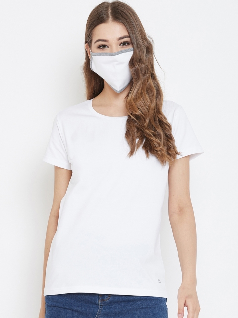 

Okane Women White Solid Round Neck T-shirt with Matching Mask