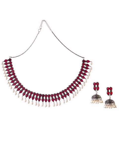 

LAIDA Pink & White Silver Plated Oxidised Stone-Studded Beaded Jewellery Set