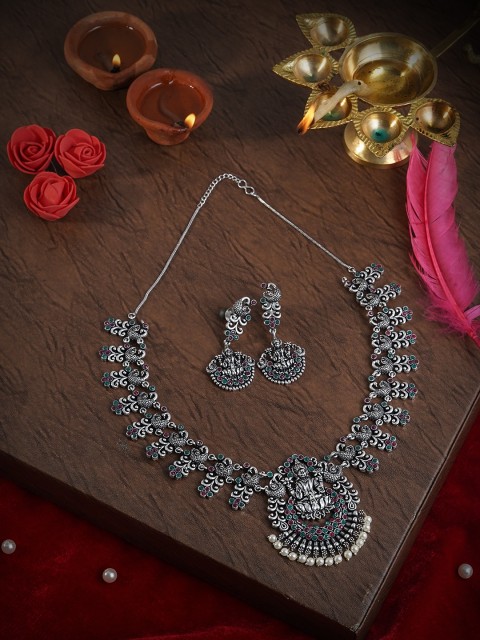 

LAIDA Oxidised Silver-Plated Red & Green Stone-Studded Beaded Temple Jewellery Set