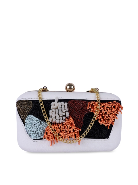 

REZZY Women White & Black Embroidered Suede Box Clutch