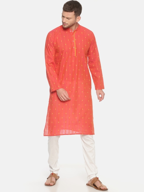 

PAROKSH Men Coral & Yellow Woven Design Straight Kurta