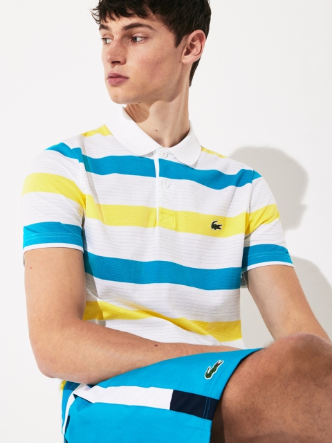 

Lacoste Men White & Blue Striped Polo Collar T-shirt