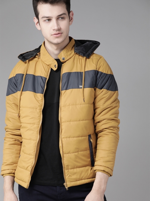 

Roadster Men Mustard Yellow & Navy Blue Solid Padded Jacket with Detachable Hood
