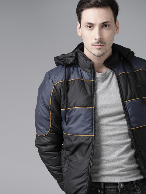 

Roadster Men Black & Blue Colourblocked Hooded Padded Jacket