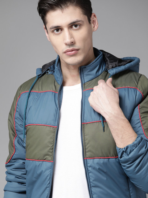 

Roadster Men Navy Blue & Olive Green Colourblocked Hooded Padded Jacket