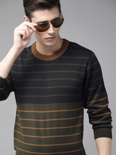 

Roadster Men Navy Blue & Green Striped Pure Cotton Pullover Sweater
