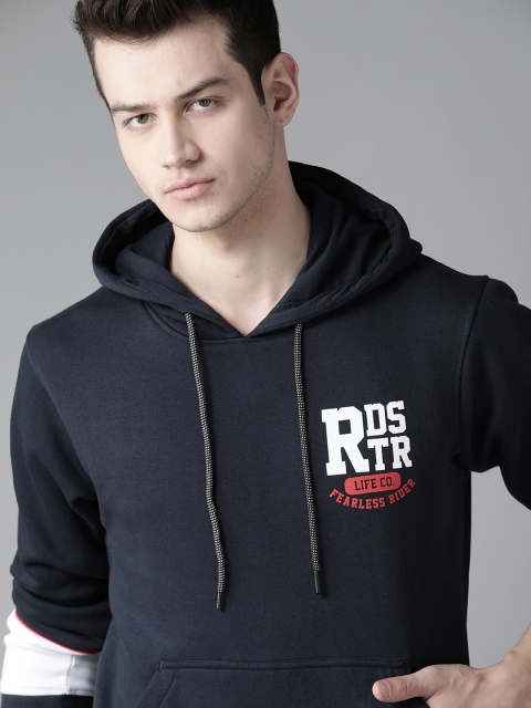 

Roadster Men Navy Blue Solid Hooded Sweatshirt with Printed Detail
