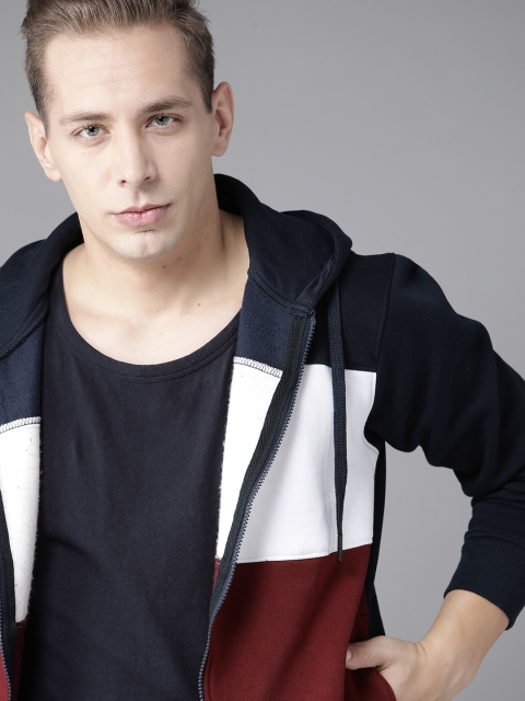 

Roadster Men Navy Blue & Off-White Colourblocked Hooded Sweatshirt