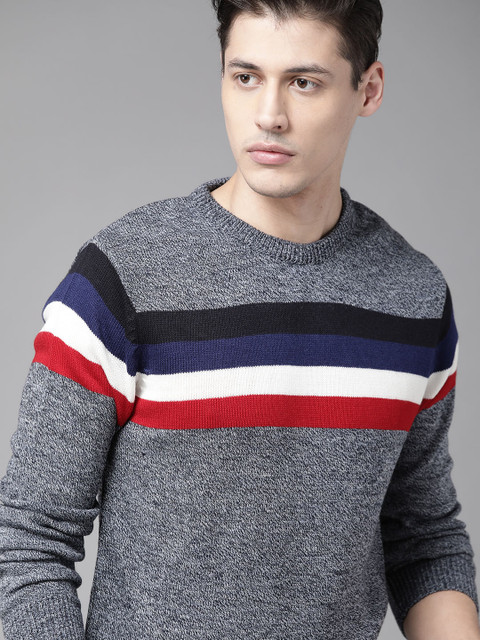 

Roadster Men Navy Blue Striped Acrylic Sweater