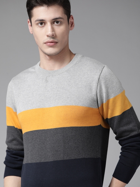

Roadster Men Navy Blue & Grey Melange Colourblocked Pure Cotton Pullover